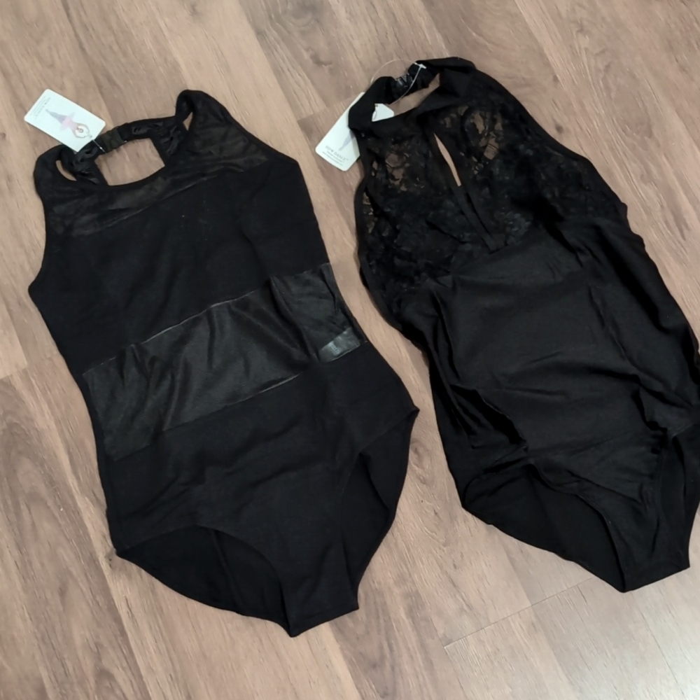 (2) NWT New Dancewear Black Mesh Lace Halter Tank Leotards Dance Gymnastics M - Picture 1 of 8